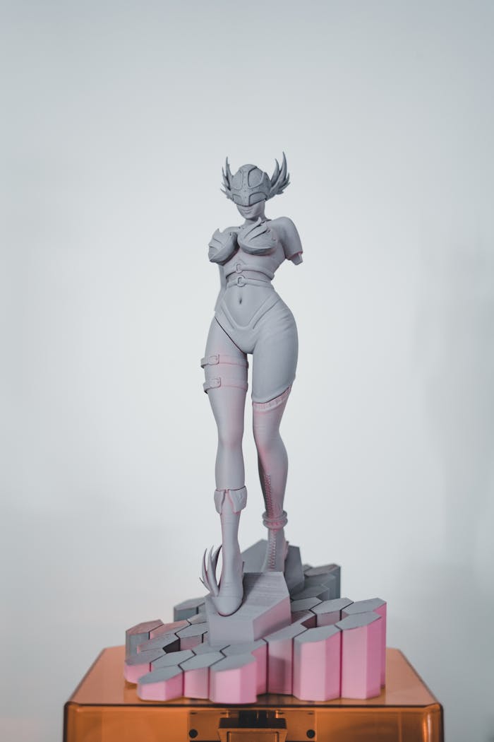 Intricately detailed 3D printed superhero statue showcased in a minimalist style.